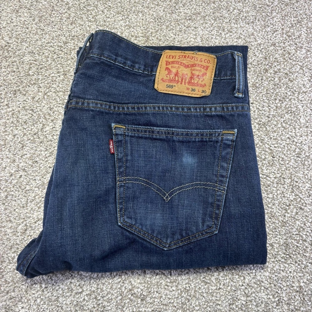Levis 569 Jeans Mens 36x30 Blue Dark Wash Relaxed Straight Denim Pants Casual